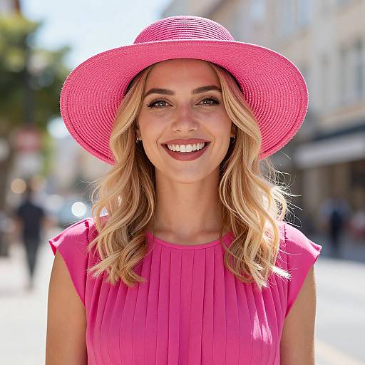 Photograph of a smiling blonde woman with wavy hair, wearing a bright pink wide-brimmed hat and matching pink pleated dress, standing on