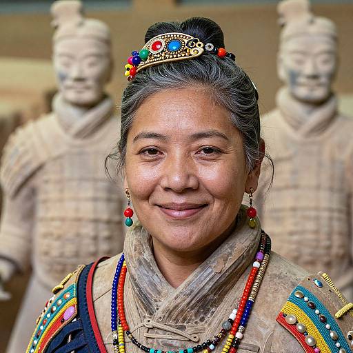 Portrait of Woman with Traditional Jewelry in Front of Terracotta Warriors
