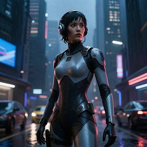 CGI cyberpunk scene of a wet, dark-haired woman in a sleek, metallic bodysuit standing in a rainy city street at night, surrounded