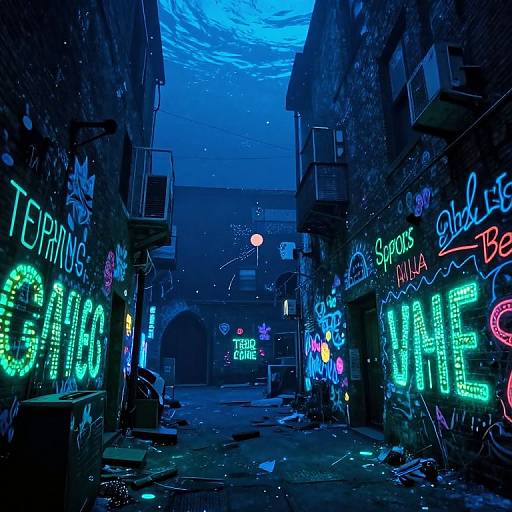 Graffiti-laden, neon-lit alleyway at night with vibrant blue and green signs, broken debris, and a distant streetlamp under a