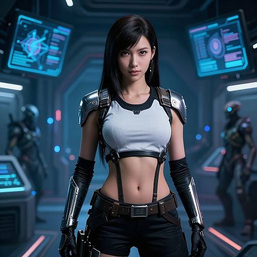 Digital CGI of an attractive Asian woman with long black hair, wearing a white crop top, black armor, and gloves, in a futuristic sci-fi corridor