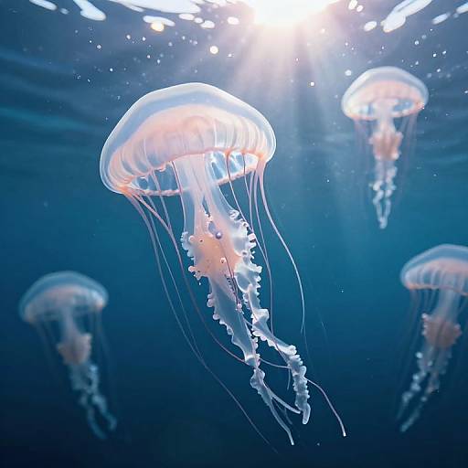 Photograph of four glowing jellyfish with translucent, bell-shaped bodies and long, flowing tentacles, floating in a deep blue underwater environment, illuminated by
