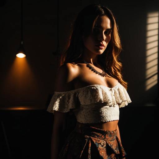 Elegant Woman in Lace Off-Shoulder Crop Top