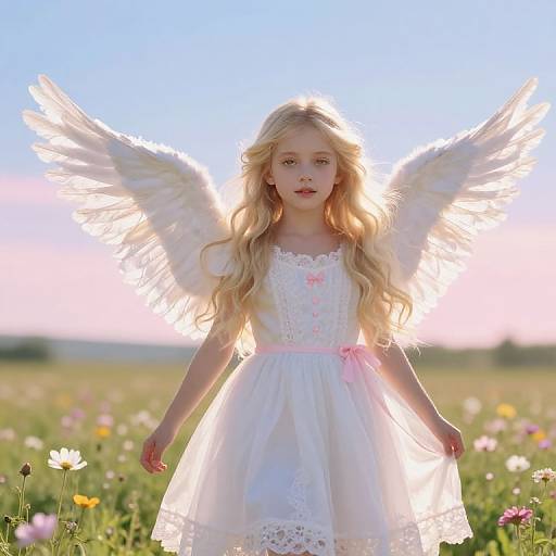 Photograph of a blonde, fair-skinned girl with angel wings, wearing a white lace dress, standing in a sunlit, colorful field.