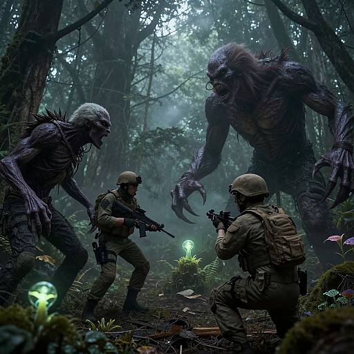 Photorealistic CGI: Two soldiers with rifles crouching in a dark, misty forest, facing two monstrous, muscular, clawed creatures with
