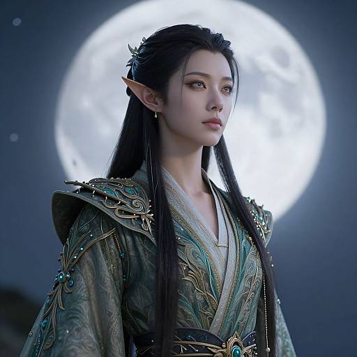 Digital art of a beautiful, elf-like woman with long black hair, wearing an ornate, green and gold robe, standing against a bright full moon