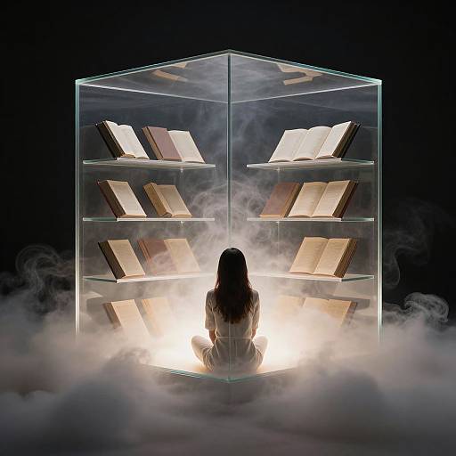 Silhouette of a woman with long hair, seated before a glowing, transparent bookcase filled with open books, surrounded by mist, against a dark background