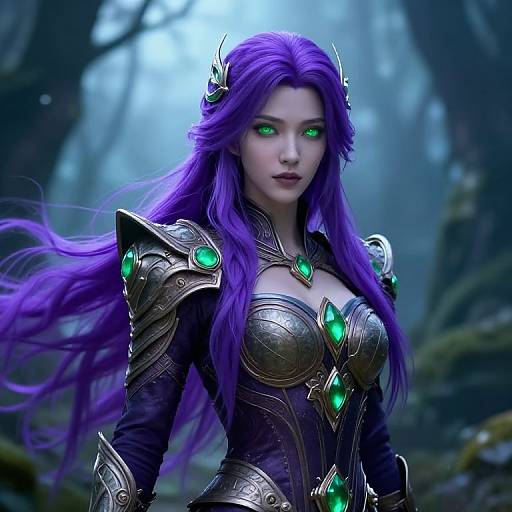 Digital artwork of a fierce, fair-skinned, purple-haired woman with glowing green eyes, wearing ornate, metallic armor with green gemstones, in