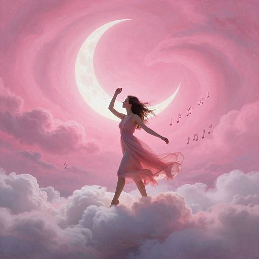 Silhouetted woman in flowing pink dress dancing on clouds, under glowing pink and white crescent moon, surrounded by floating musical notes. Digital art