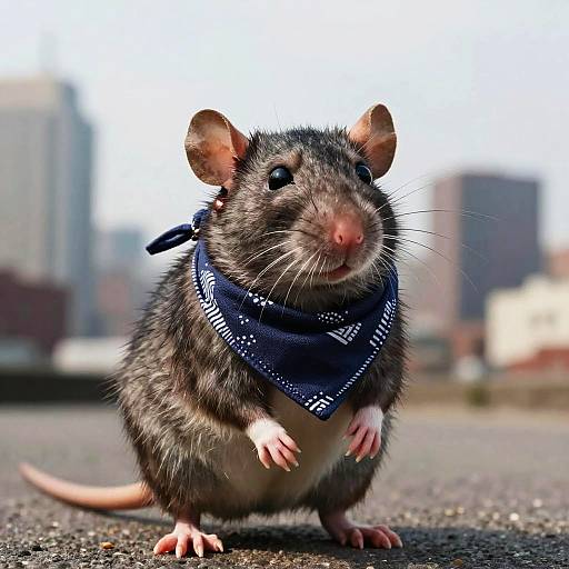 Photograph of a cute, brown, furry rat with a pink nose and ears, wearing a blue bandana, standing on a rooftop with a blurred