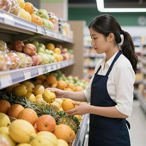 Asian woman with black apron and white shirt selects orange in supermarket fruit section, surrounded by apples, oranges, and pineapples.