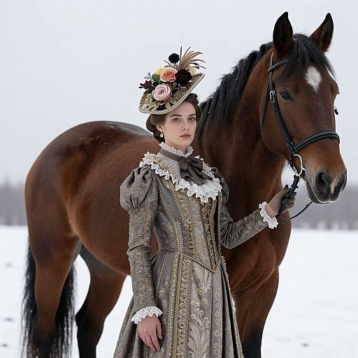 Photograph of a Victorian-era woman in an ornate grey dress and feathered hat, standing beside a brown horse in a snowy field.
