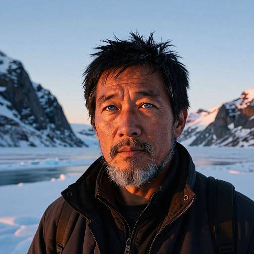 Photograph of an Asian middle-aged man with messy black hair and beard, wearing a dark jacket, standing in a snowy mountain landscape at sunset.
