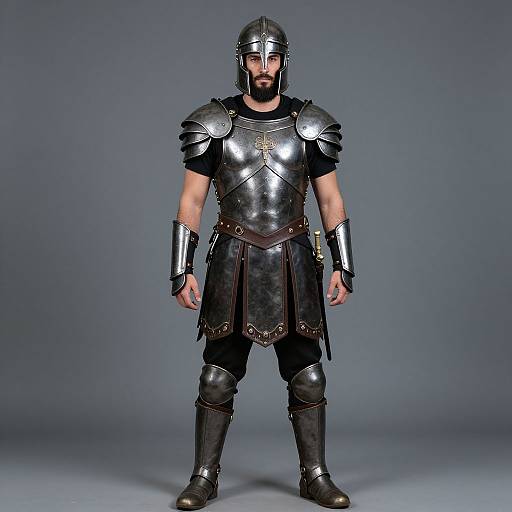Photograph of a bearded man in full Roman-style gladiator armor with shiny black metal plates, brown leather accents, and black boots, standing against