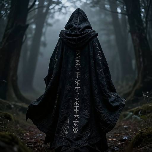 Mysterious hooded figure with runes on dark cloak stands in foggy, dark forest. Digital art with eerie, mystical ambiance.