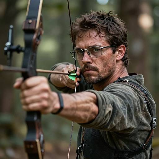 Photograph of a rugged, bearded man with glasses, aiming a bow with a green-tipped arrow in a forest. He wears a green hoodie