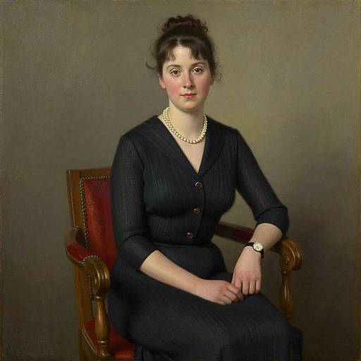 Photorealistic painting of a Victorian woman with fair skin, dark hair in an updo, wearing a black dress, pearl necklace, and watch,