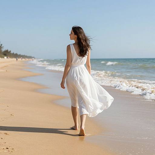 Photograph of a woman with long brown hair in a flowing white dress walking barefoot on a sunny, empty beach with gentle waves.