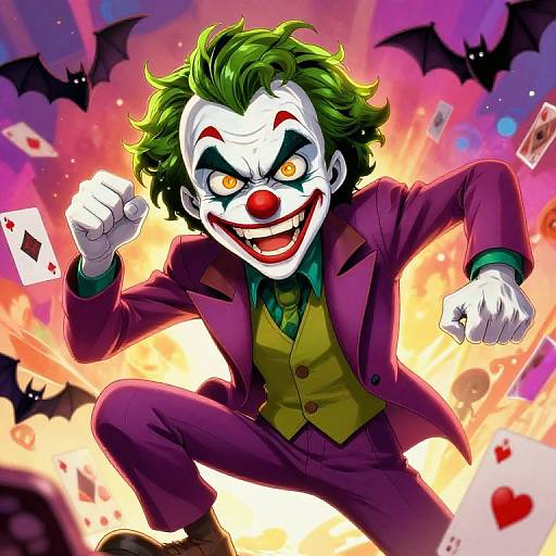 Dynamic digital illustration of a manic Joker with green hair, white face, red nose, purple suit, yellow vest, and bat-filled explosive background. Cards