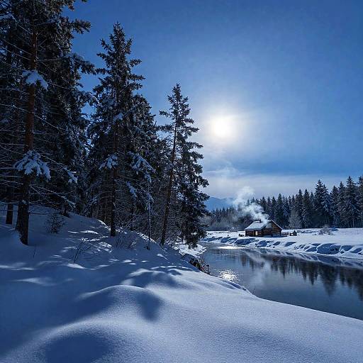 Winter Night in Snowy Pine Forest