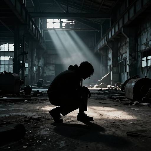 Silhouetted figure, crouching in abandoned, dimly lit industrial warehouse with rays of sunlight streaming through broken windows, casting dramatic shadows.