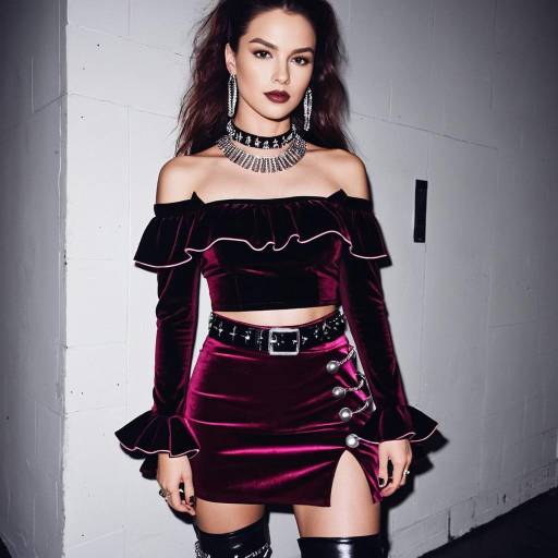 Glam Rock Woman in Burgundy Velvet Outfit