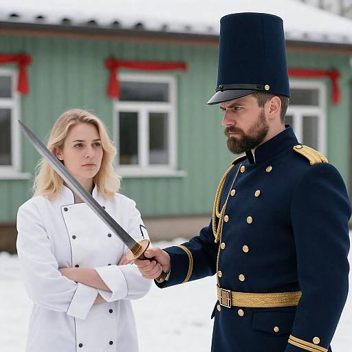 Military Man Confronts Chef in Snow