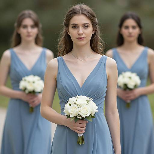Photograph of three young women with light brown hair, wearing blue V-neck dresses, holding white flower bouquets, standing outdoors.