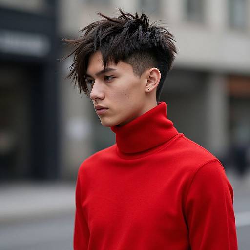 Photograph of a young man with spiked black hair, wearing a bright red turtleneck, in an urban street setting.