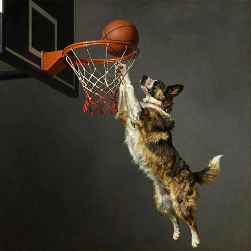 Rembrandt-Style Dog Dunking a Basketball
