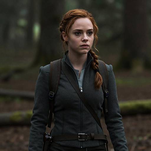 Photograph of a serious-looking young woman with red braided hair, wearing a dark gray zip-up jacket and carrying a backpack, standing in a mist