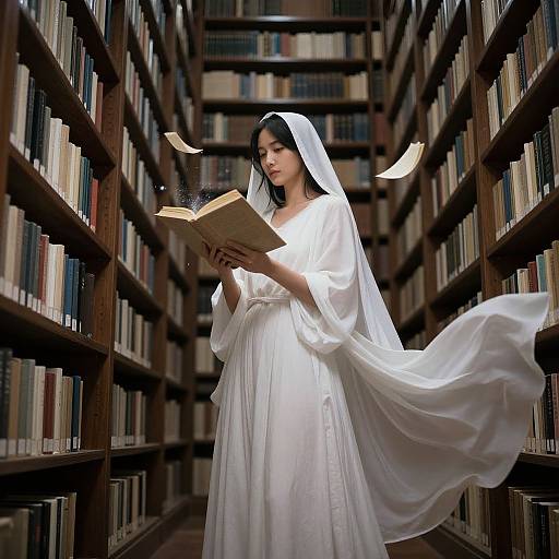 Photograph of an Asian woman in a flowing white bridal gown and veil, reading a book in a dimly lit, narrow bookshelf-lined library.
