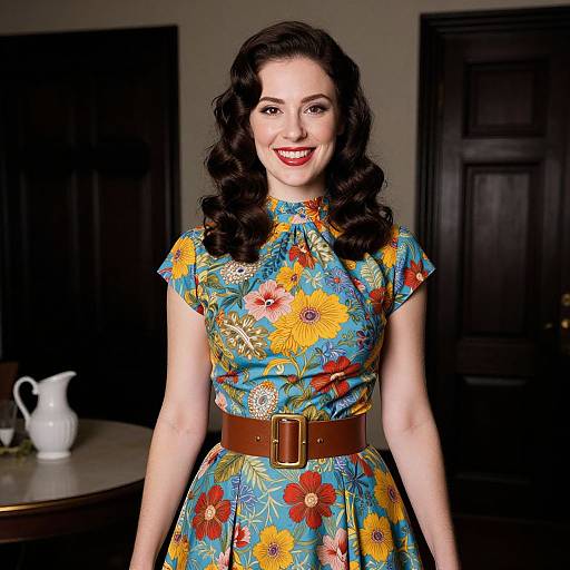 Smiling Woman in Vintage Floral Dress