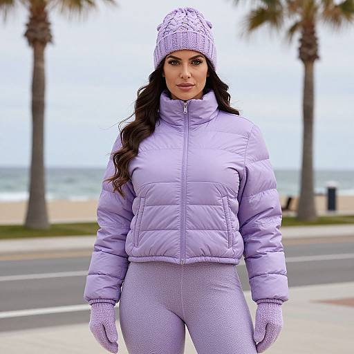 Photograph of a woman with long dark hair, wearing a lavender puffer jacket, matching leggings, gloves, and knit hat, standing by a beach