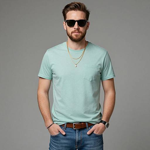Photograph of a handsome, bearded man with short brown hair, wearing black sunglasses, light blue t-shirt, gold necklace, blue jeans, and