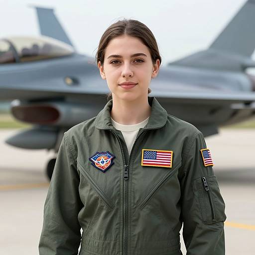 Photograph of a young woman with dark hair in a green military flight suit, standing in front of a blurred military jet. She has American and Air