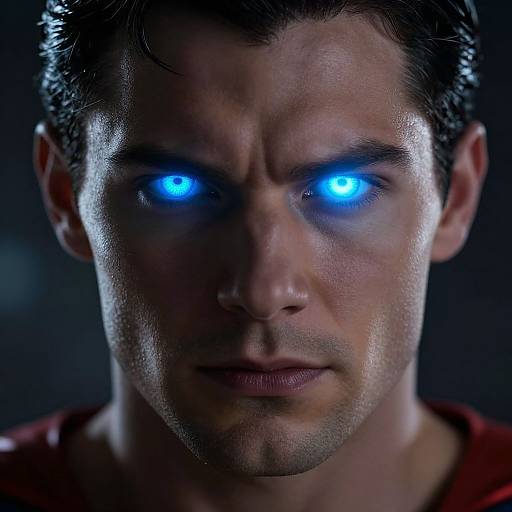 Close-up photograph of a serious, sweaty-faced man with glowing blue eyes, dark hair, and a red shirt, set against a dark background.