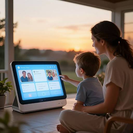 Photograph of a mother and young son sitting on a porch at sunset, using a tablet with a family photo app.