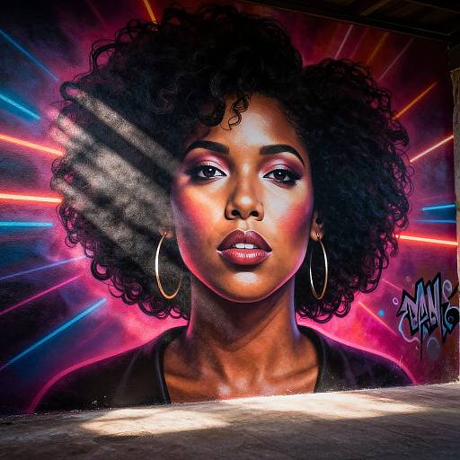 Digital portrait of a confident Black woman with curly hair, glowing pink and blue neon background, large hoop earrings, and intense gaze. Urban graffiti style.