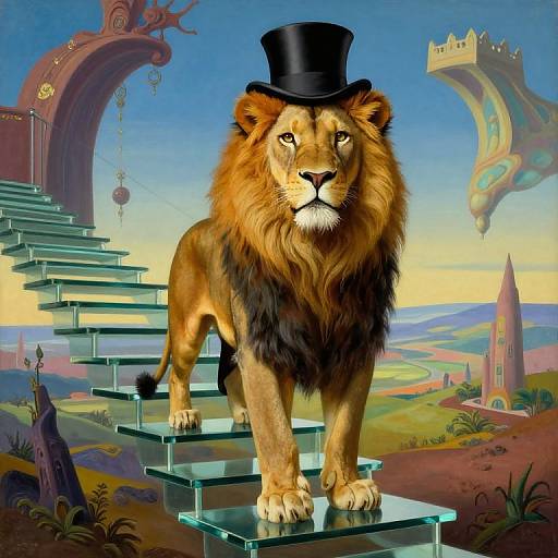 Digital illustration of a majestic lion with a black top hat, standing on glass stairs in a fantastical, colorful landscape with floating structures and a distant castle