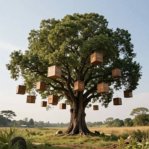 Photograph of a large, leafy tree with numerous wooden baskets hanging from its branches, set against a clear blue sky and open grassy field.