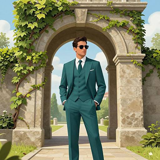 Photorealistic CGI of a handsome man in a teal suit, white shirt, and black tie, standing confidently under a vine-covered stone archway,