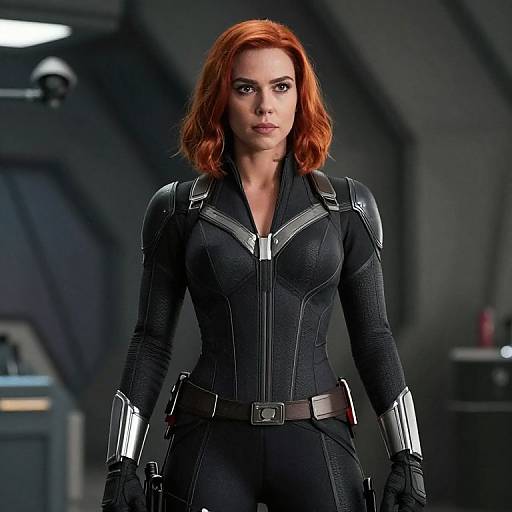 Photograph of a red-haired woman in a black, form-fitting superhero suit with silver accents, standing confidently in a dark, futuristic room.