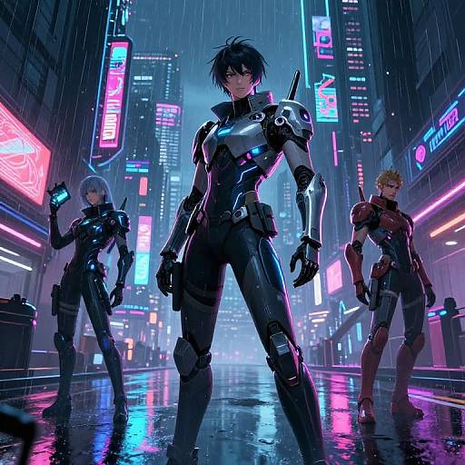 Cyberpunk cityscape at night, three futuristic, armored characters in neon-lit streets, rain, glowing neon signs, sci-fi, digital art