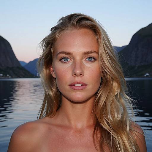 Photograph of a stunning blonde woman with blue eyes, fair skin, and wavy hair, standing topless in front of a calm lake surrounded by