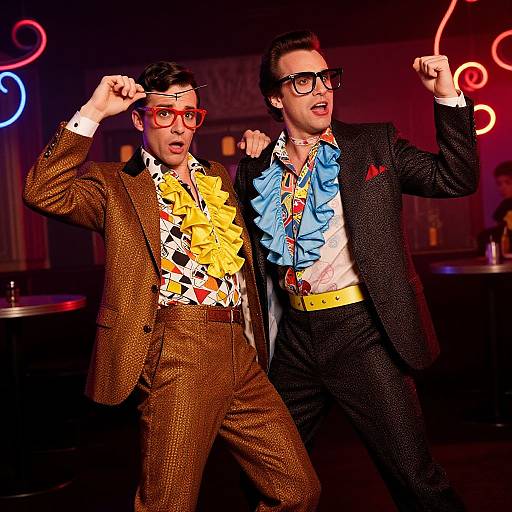 Photograph of two men dancing in a nightclub, wearing patterned shirts, bowties, and suits, with one in brown and the other in black
