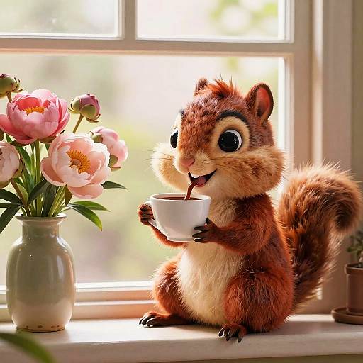 Cute CGI squirrel with large eyes sips tea from a cup, sitting by a sunlit window with pink peonies in a vase.