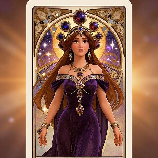 Digital art of a beautiful, fair-skinned woman with long brown hair, wearing a purple off-shoulder dress, ornate jewelry, and a