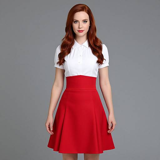 Photograph of a fair-skinned woman with long red hair, wearing a white short-sleeve blouse and red A-line skirt, standing against a
