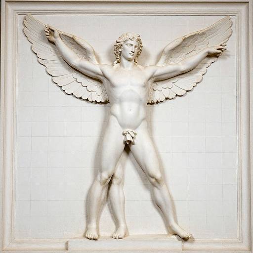 Photograph of a white marble relief sculpture depicting a nude, winged, androgynous figure with curly hair, standing with arms outstretched